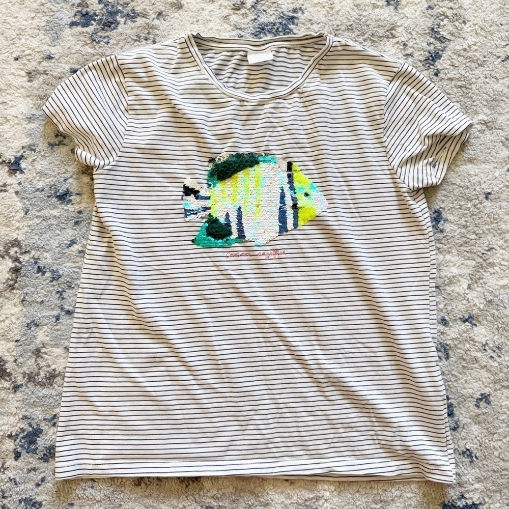 Zara Girls Stripe Cap Sleeve Tshirt Common Angelfish Decal Sequin Size 13-14